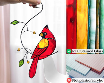 Red Cardinal Stained Glass Bird Suncatcher for Mom, Grandma, Women - Real Glass Window Hanging