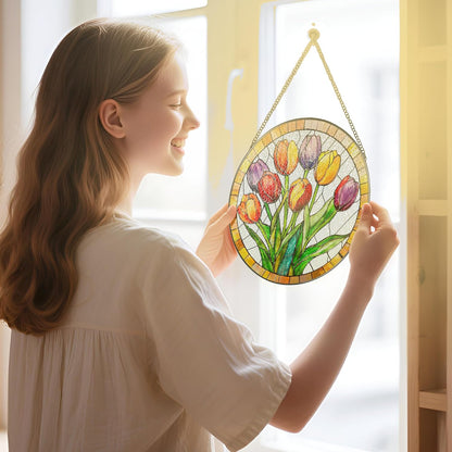 Stained Glass Window Hanging, 8 Inch Tulips Stained Glass Suncatcher, Botanical Lover Gift, Flowers