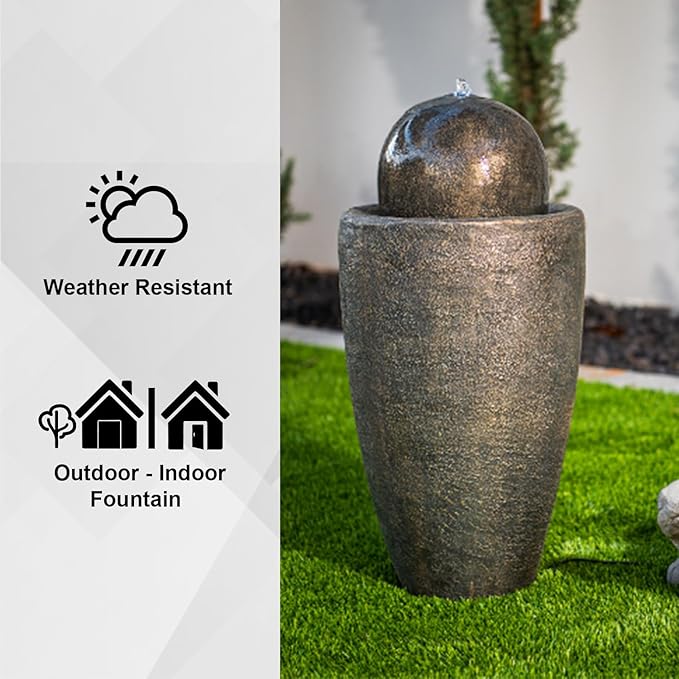 XBrand 25.98" H Round Stone Indoor/Outdoor Modern Stone Textured Sphere Water Fountain w/LED