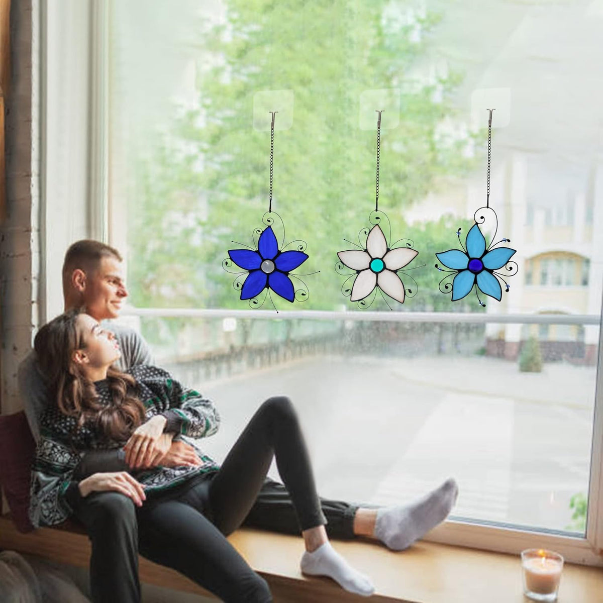 Forget Me Not Flower Stained Glass Window Hangings,Flower Decoration Stained Glass Suncatcher for