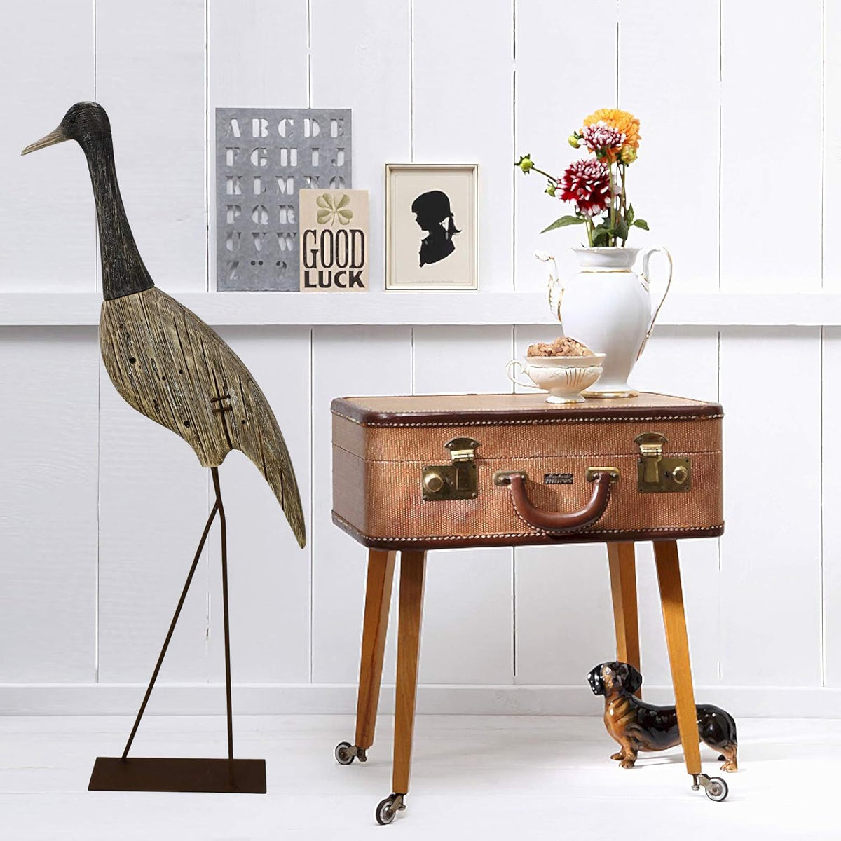 Morning View Wooden Crane Decor Wood Sea Birds Statue Bird Figurines Seabird Statue Standing Cranes