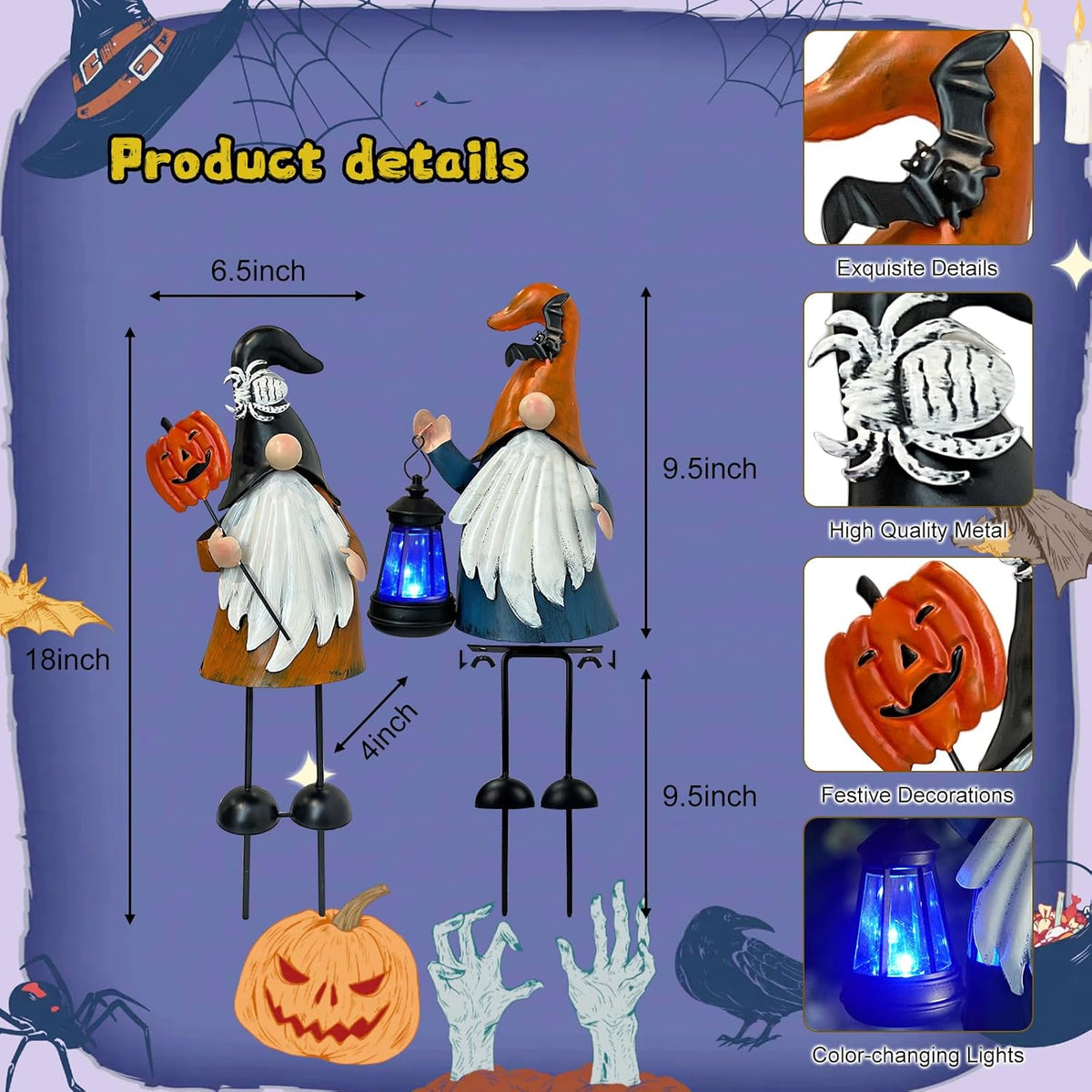 HONGLAND Halloween Decorations Outdoor Solar Gnomes with LED Lantern, Gnomes Metal Yard Art