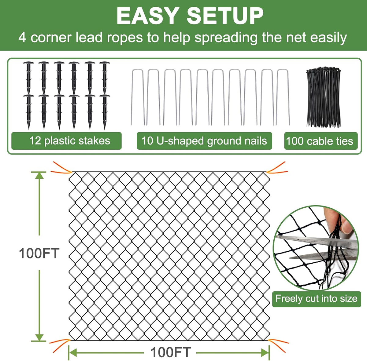 Bird Netting - 100’ x 100’ Poultry Netting with 1” Square Mesh for Chicken Coop, Bird Netting for