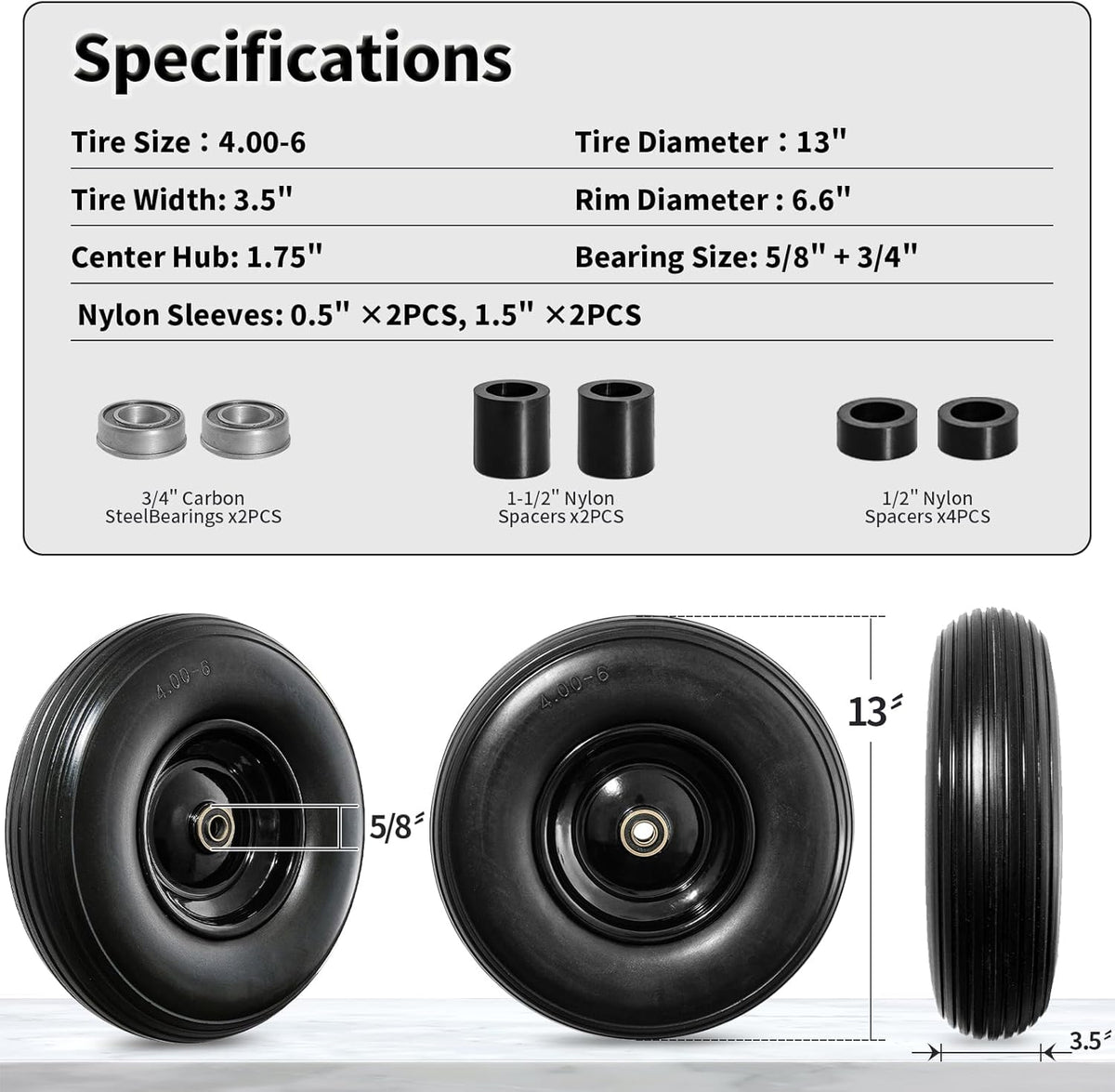 Wheelbarrow Wheel 13 Inch Flat Free 4.00-6 Solid Tire, Replacement Heavy Duty, with 5/8" and 3/4"