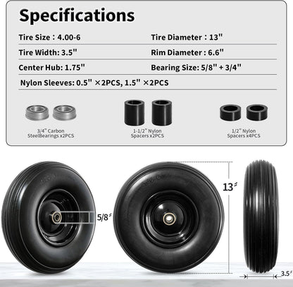 Wheelbarrow Wheel 13 Inch Flat Free 4.00-6 Solid Tire, Replacement Heavy Duty, with 5/8" and 3/4"