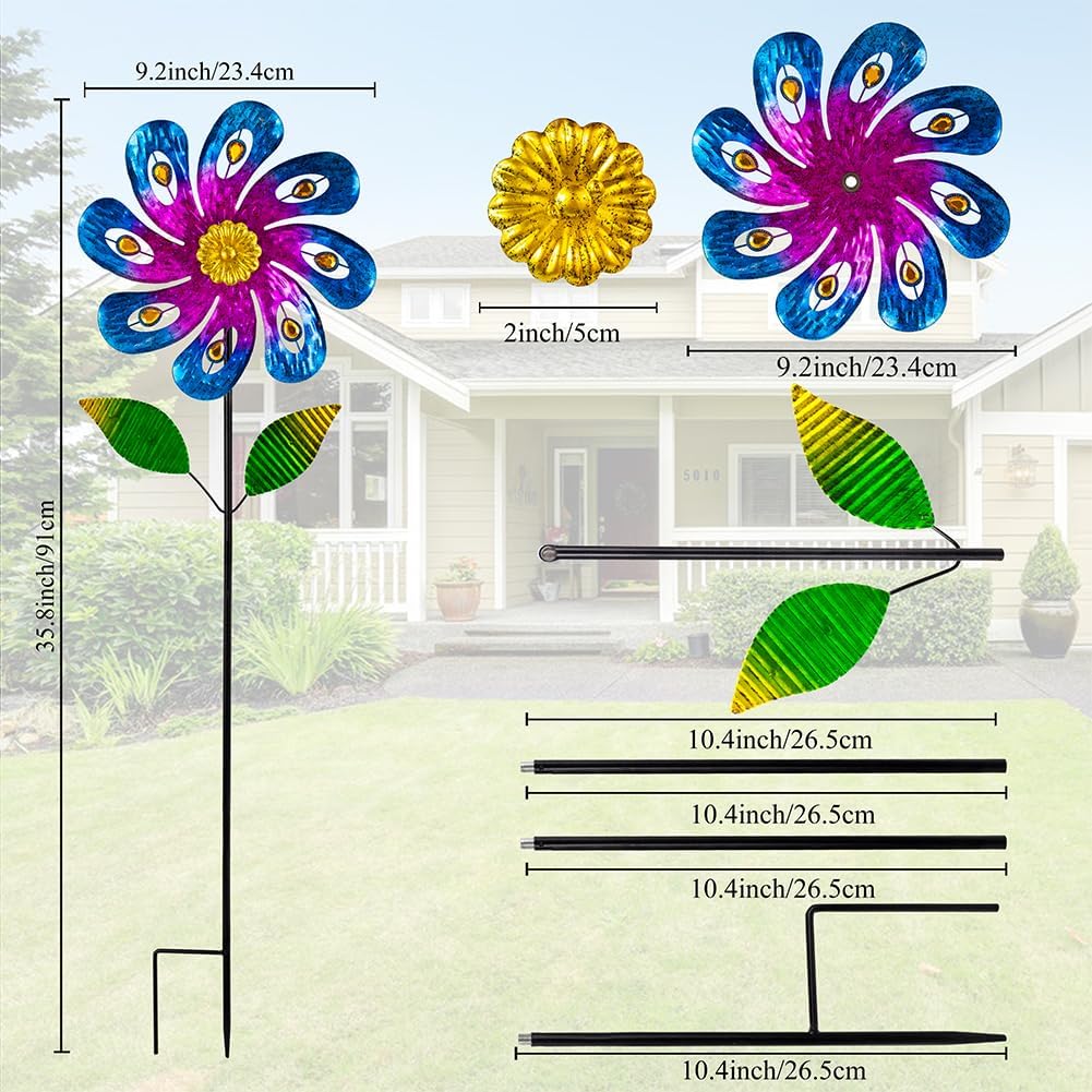 2 Packs Wind Spinners Outdoor, Metal Wind Sculptures & Spinners with Stake, Colorful Flower