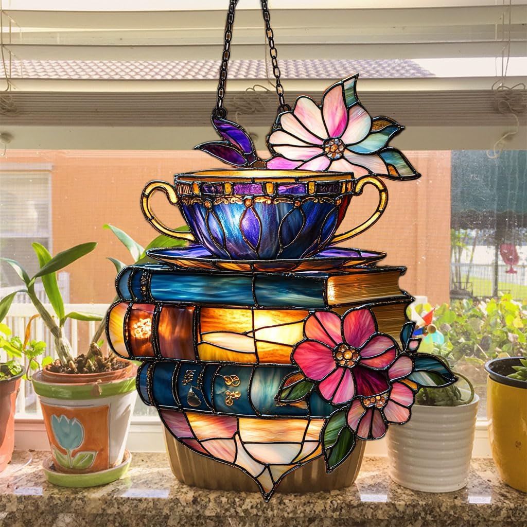 Floral Coffee Cup and Books Acrylic Suncatcher Stained Glass Effect Window Car Hanging Christmas