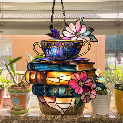 Floral Coffee Cup and Books Acrylic Suncatcher Stained Glass Effect Window Car Hanging Christmas