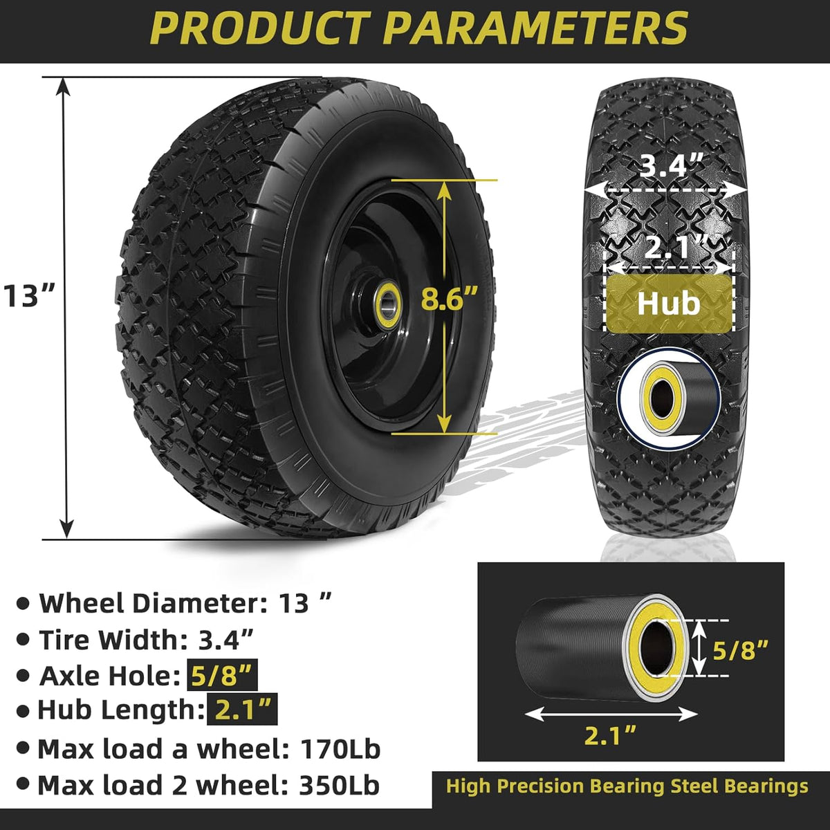 13” Tire and Wheel Flat Free, Replacement Solid Tire and Wheel Assemblies with 5/8” Axle Bore Hole
