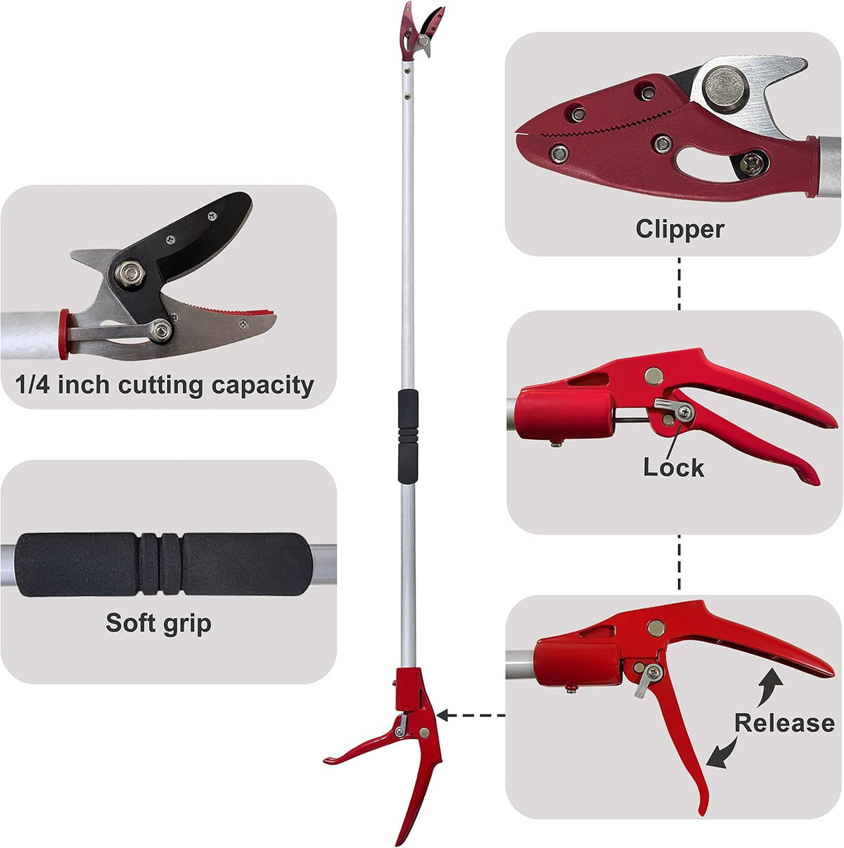 Tree Trimmer, 4 Foot Pole Pruner, Long Reach Pruning Shears, Cut and Hold Garden Clippers, Aluminum