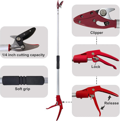 Tree Trimmer, 4 Foot Pole Pruner, Long Reach Pruning Shears, Cut and Hold Garden Clippers, Aluminum