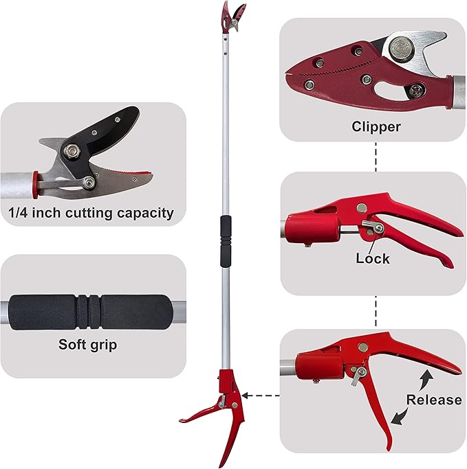 Tree Trimmer, 6 Foot Pole Pruner, Long Reach Pruning Shears, Cut and Hold Garden Clippers, Aluminum
