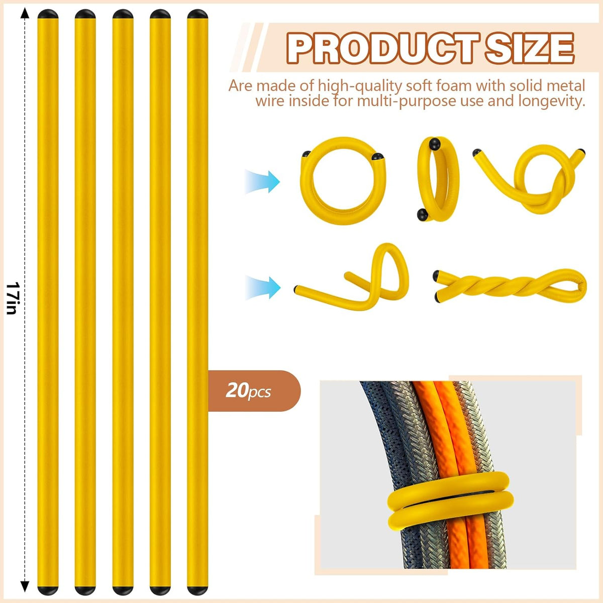 20 Pcs 17 Inch EVA Foam Twist Rubber Ties Reusable Bendable Cable Tie Straps Flexible Heavy Duty