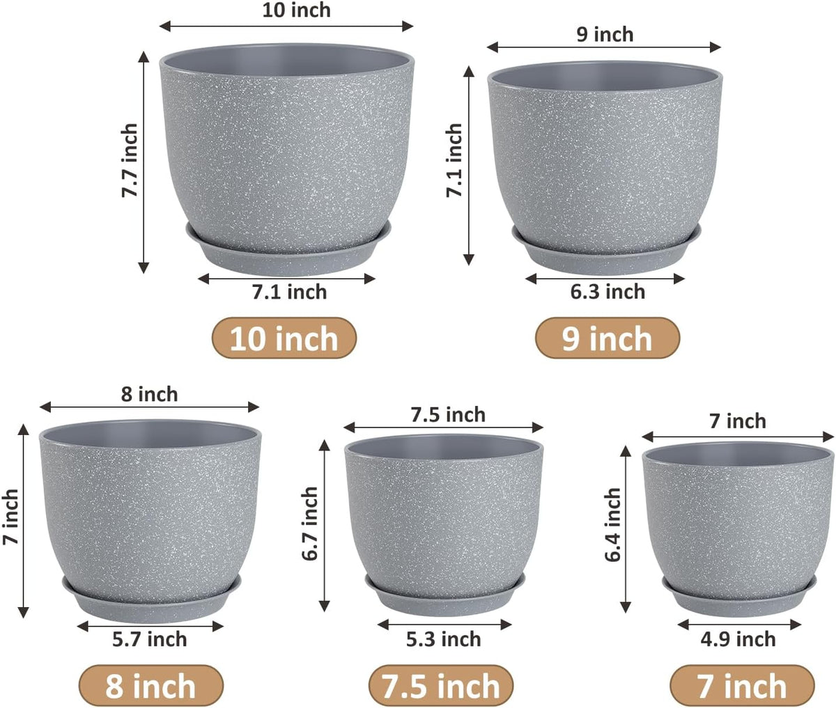 Plant Pots 10/9/8/7.5/7 inch Flower Pots with Multi Mesh Drainage Holes, Planters for Indoor
