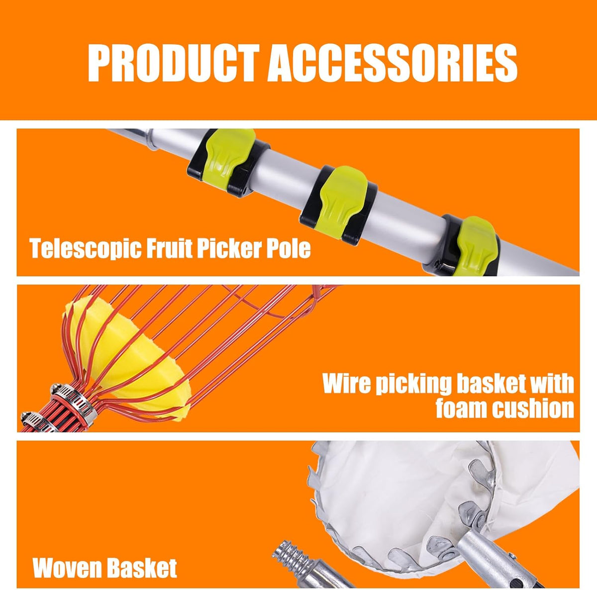 20FT Telescopic Fruit Picker With Wire Basket and Woven Basket,Adjustable Fruit Picker Pole With