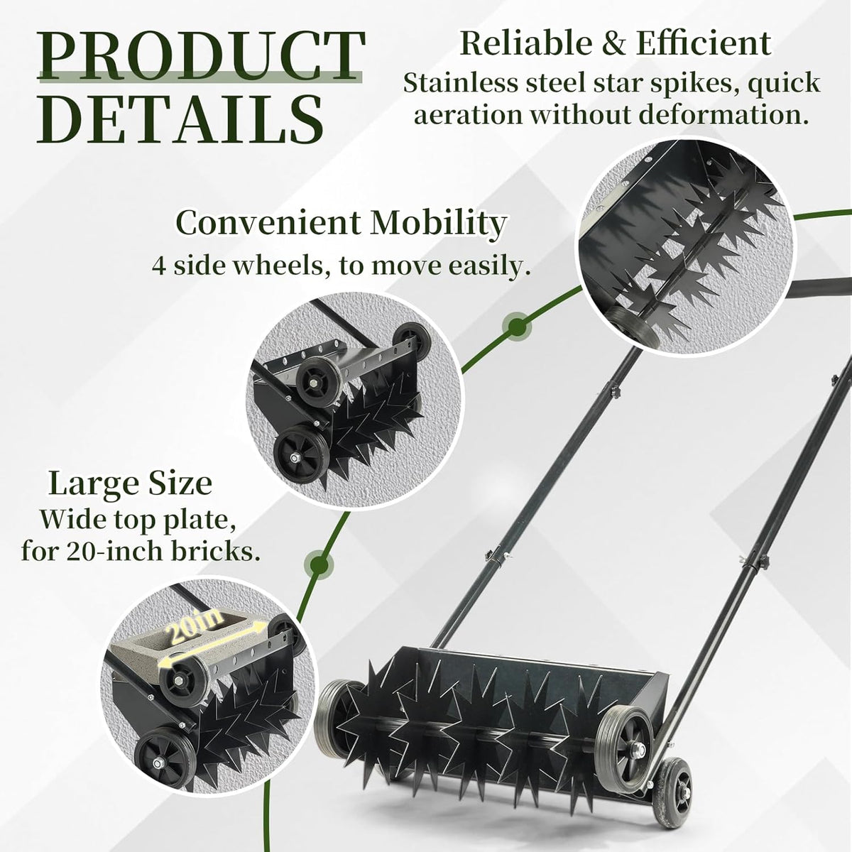 VINGLI Lawn Aerator, 19-Inch Heavy Duty Push Spike Aerator with 4 Wheels, Easy-to-Assemble, 45''
