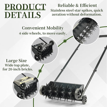 VINGLI Lawn Aerator, 19-Inch Heavy Duty Push Spike Aerator with 4 Wheels, Easy-to-Assemble, 45''