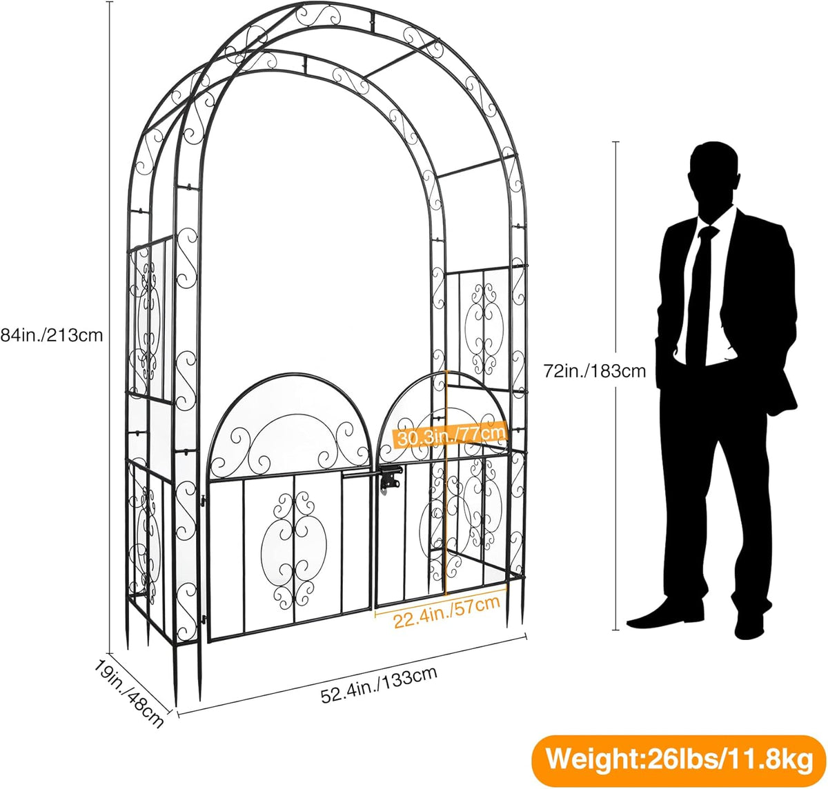 84in High Metal Garden Arbor with Gate, Heavy Duty Wide Garden Arch, Metal Arch Trellis with Gate