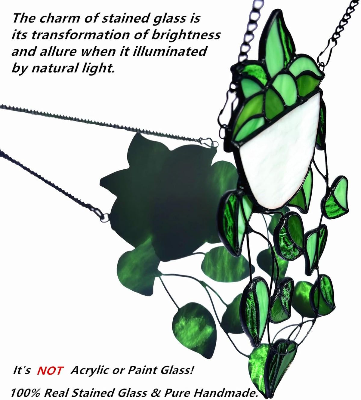Green Faux Plants Stained Glass Window Hanging Suncatcher, Artificial Plants Decor Gift for Women