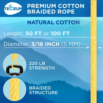 TECEUM Cotton Rope 3/16” (5 mm) – 100 FT – Strong All-Purpose Braided Rope – Natural Cotton – for