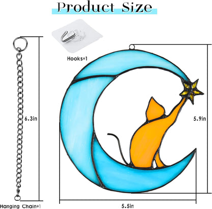 Stained Glass Cat on Moon Pick Star Window Hanging Suncatchers Memorial Gift Decor for Women