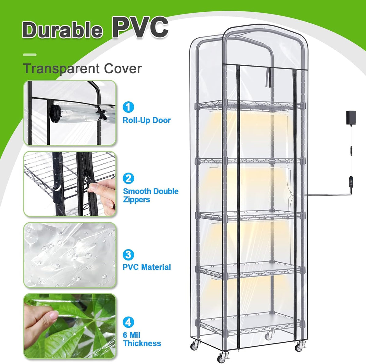 Abimars 5-Tier Mini Greenhouse with Grow Light, Shelf Height Adjustable Metal Plant Shelf with PVC