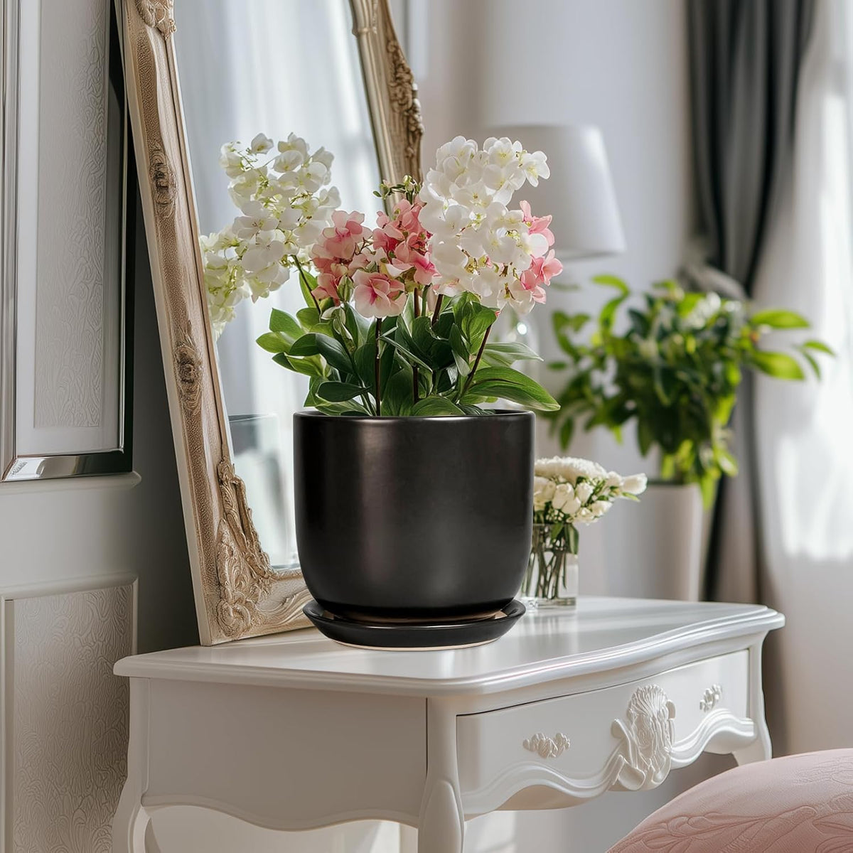 Ceramic Flower Pot 8 Inch - Modern Round Planter for Indoor Outdoor Plants with Drainage Hole and