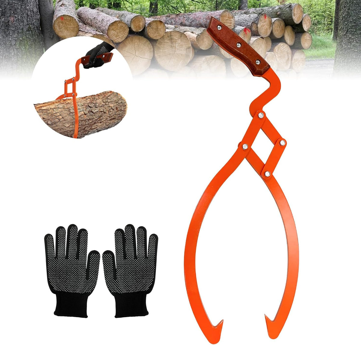Log Grabber 20", 440LBS Logging Tongs with Gloves Handle Non-Slip Grip Hook, 2 Claw Skidding Tongs