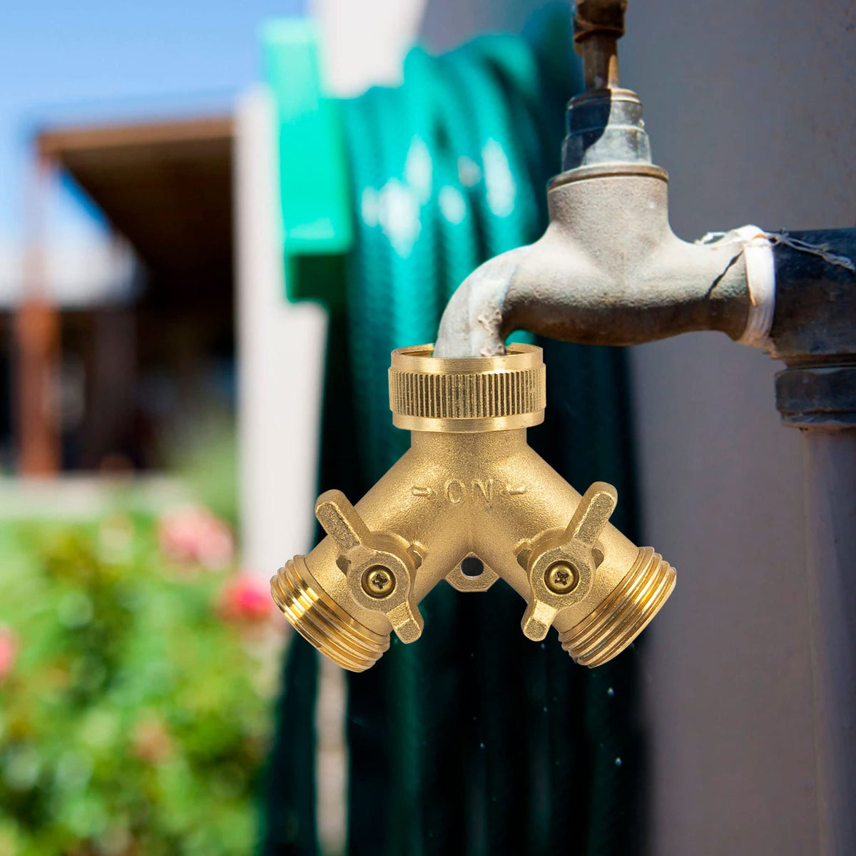 Hourleey Brass Garden Hose Splitter (2 Way), Solid Brass Hose Y Splitter 2 Valves with 2 Extra