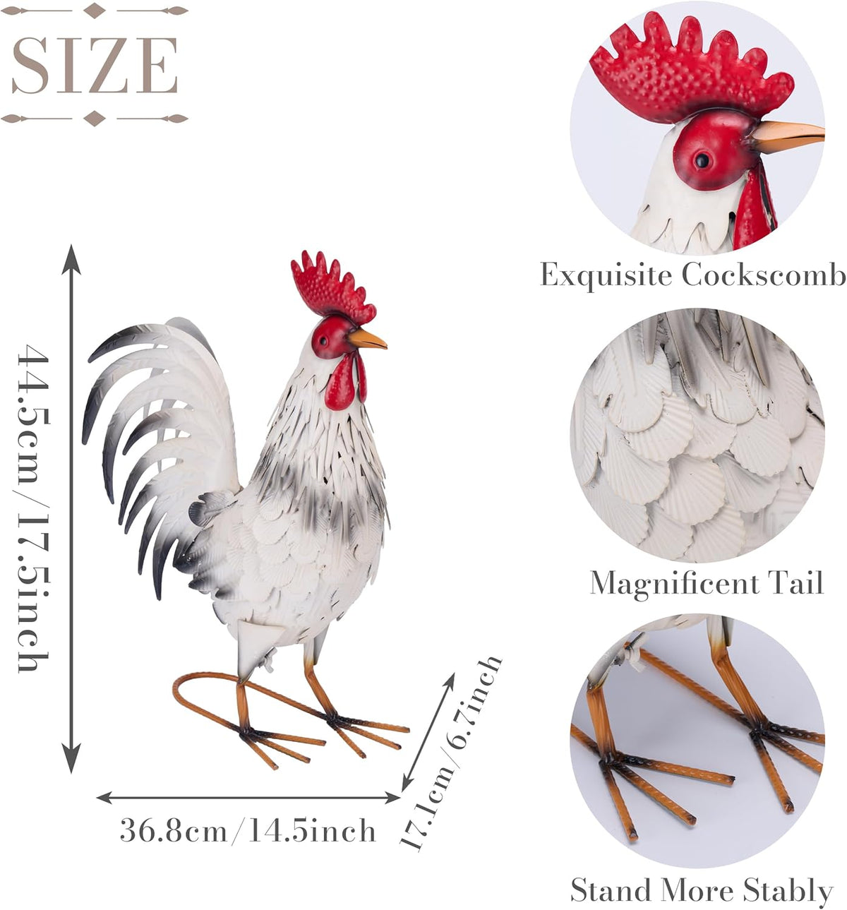 TERESA'S COLLECTIONS Garden Decor, White Rooster Garden Decor, Waterproof Metal Garden Statue