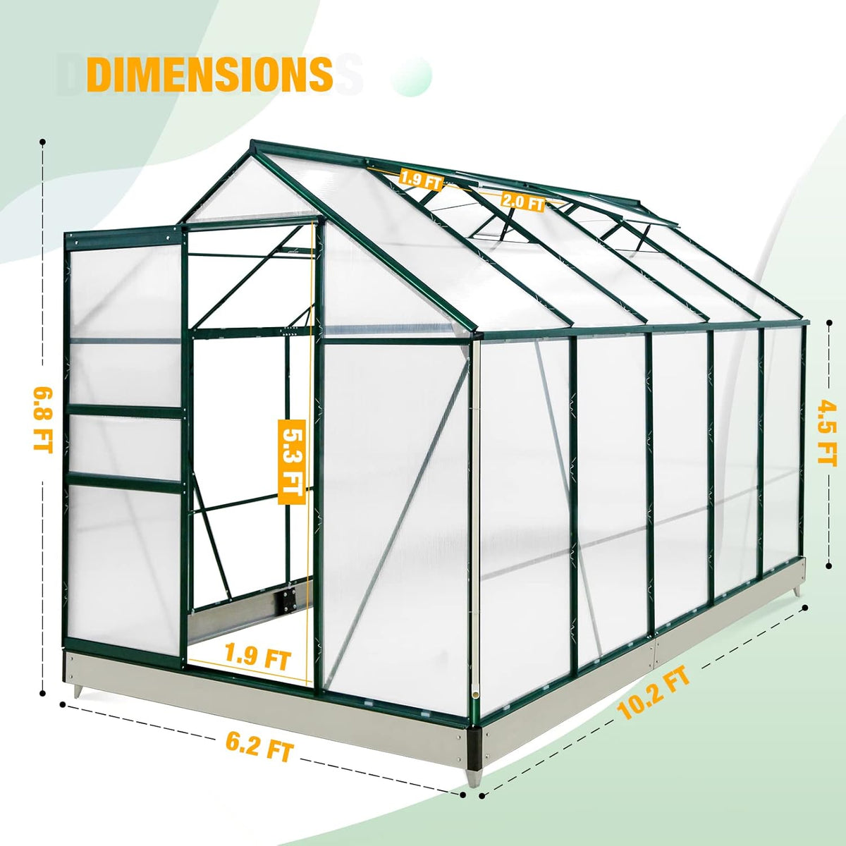 EAGLE PEAK 10x6x7 Outdoor Walk-in Hobby Greenhouse with Adjustable Roof Vent, Rain Gutter, Base and