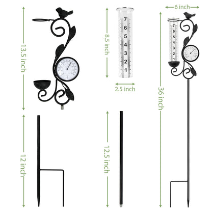 32" Garden Rain Gauge with Thermometer - 7" Glass Tube for Outdoor Indoor Use, Patio Yard Decor