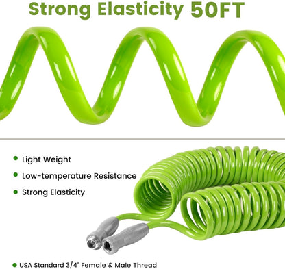 SPECILITE 1/2” Polyurethane Coil Garden Hose 50 FT, PU Flexible Recoil Water Hoses with 6-Pattern