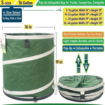 16-Gallon Collapsible Trash Can (16x19 in) Hard-Shell Bottom Yard Garden Bag for Pop-Up Trash