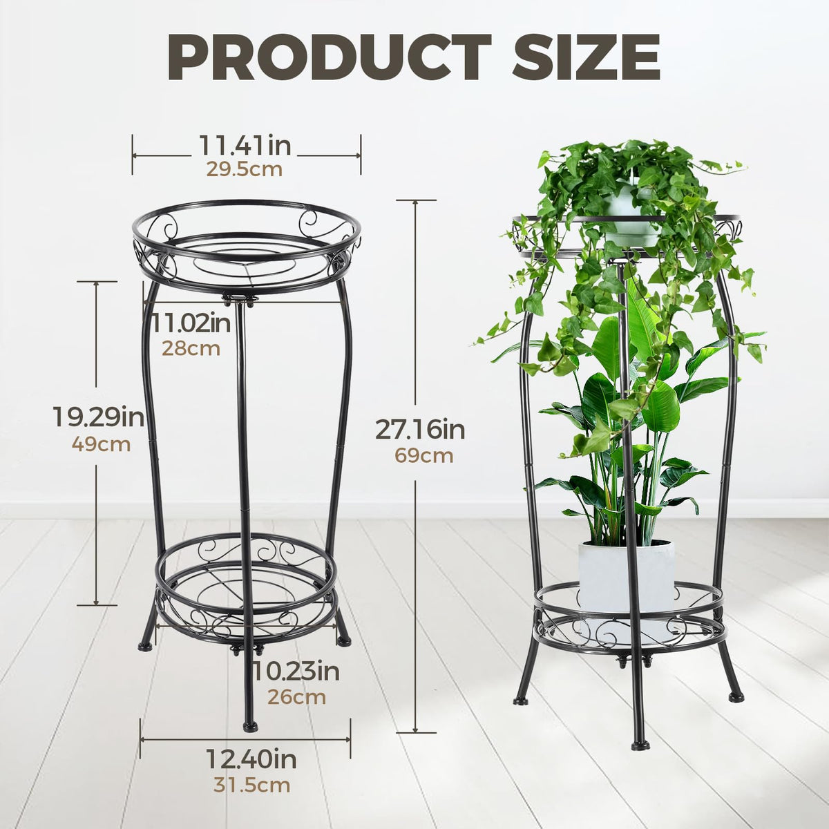 Kavlium Plant Stand Indoor Outdoor, Tall Black Metal, 2 Tier 27.1 Inch