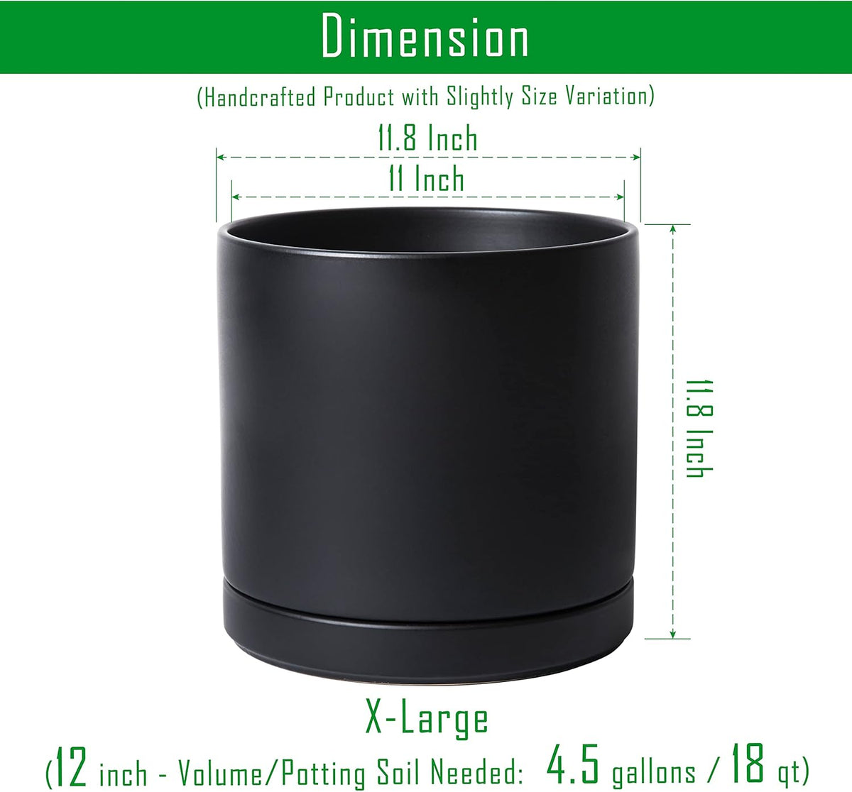 D'vine Dev 12 Inch Ceramic Planter Pot with Drainage Hole and Saucer, Indoor Cylinder Round Planter