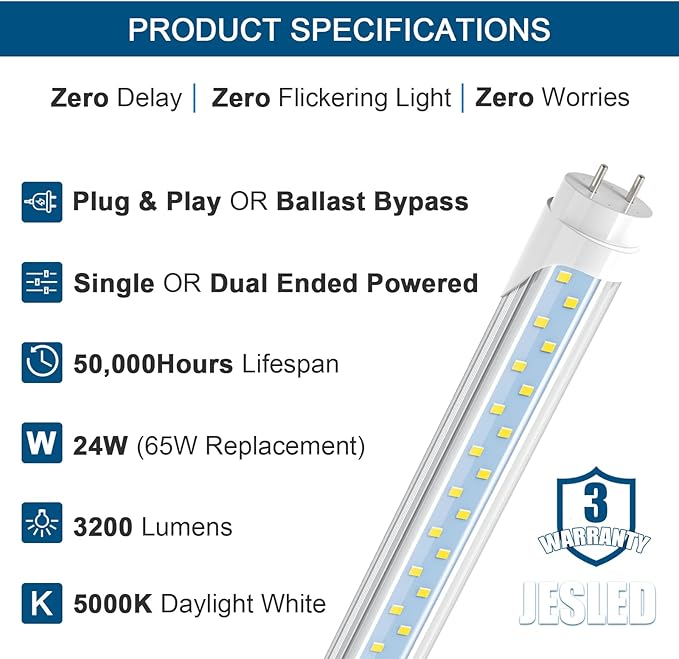 JESLED 4FT LED T8 Type A+B Tube Lights, 24W(65W Equivalent), 3200LM, 5000K, Single or Double End