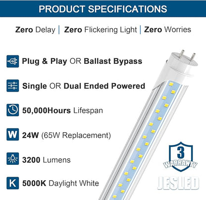 JESLED 4FT LED T8 Type A+B Tube Lights, 24W(65W Equivalent), 3200LM, 5000K, Single or Double End