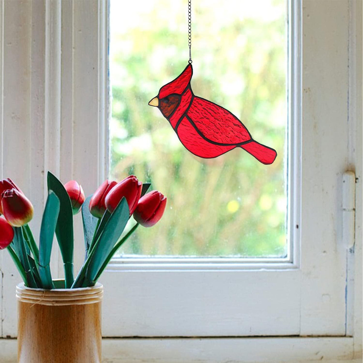 BOXCASA Red Cardinal Suncatcher for Window, Handmade Stained Glass Hanging, Memorial Gift for Loss