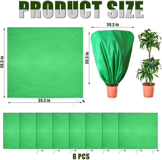8 Pcs Plant Covers Frost Protection Bag 39.3" x 39.3" Winter Reusable Plants Jacket with Drawstring