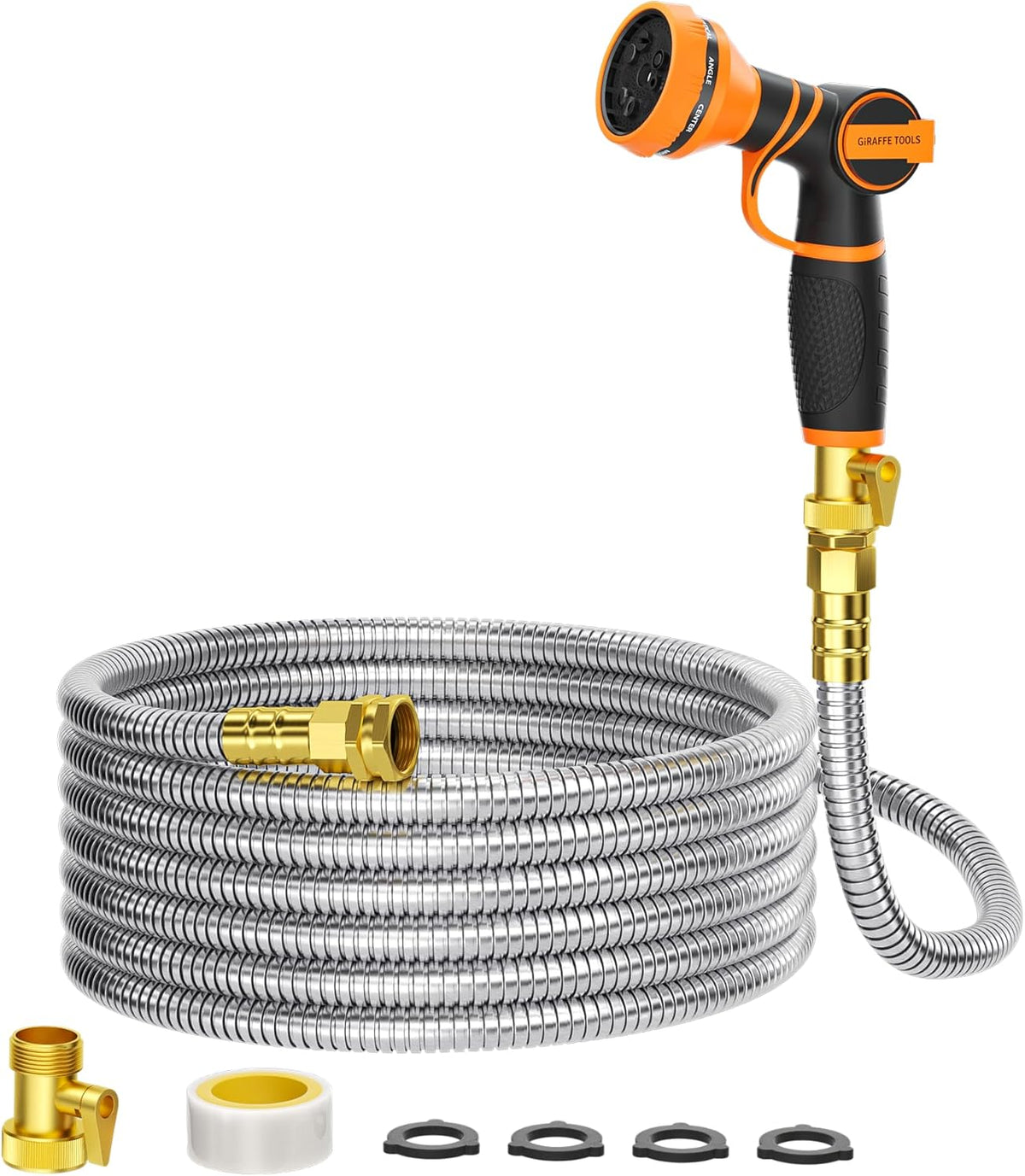 Giraffe Tools Garden Hose 50ft x 5/8", 304 Stainless Steel Metal Water Hose, No Kink Garden Water