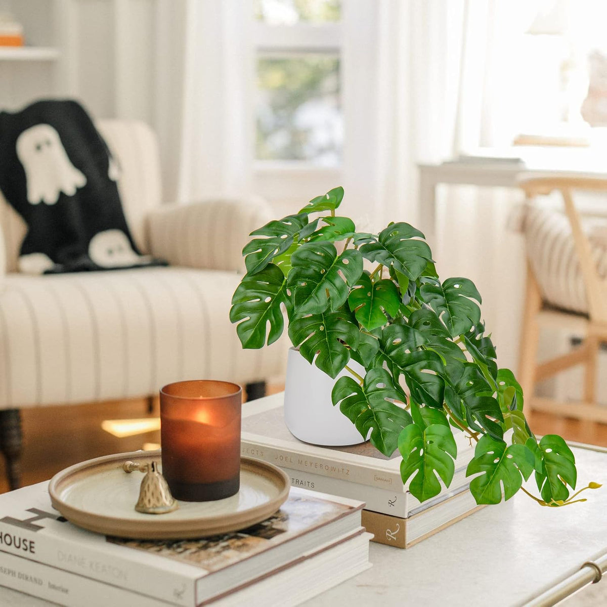 DILATATA Fake Plants Indoor 8 Inch Artificial Monstera Plant in White Ceramic Pot - Faux Potted