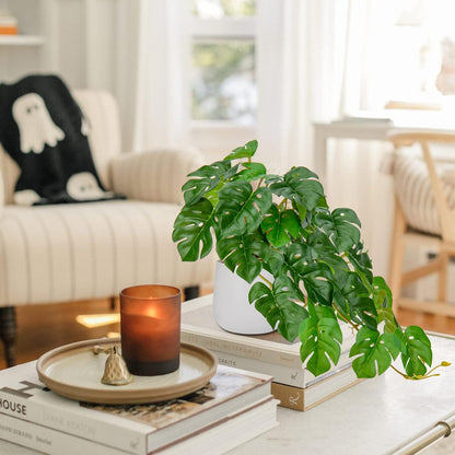 DILATATA Fake Plants Indoor 8 Inch Artificial Monstera Plant in White Ceramic Pot - Faux Potted