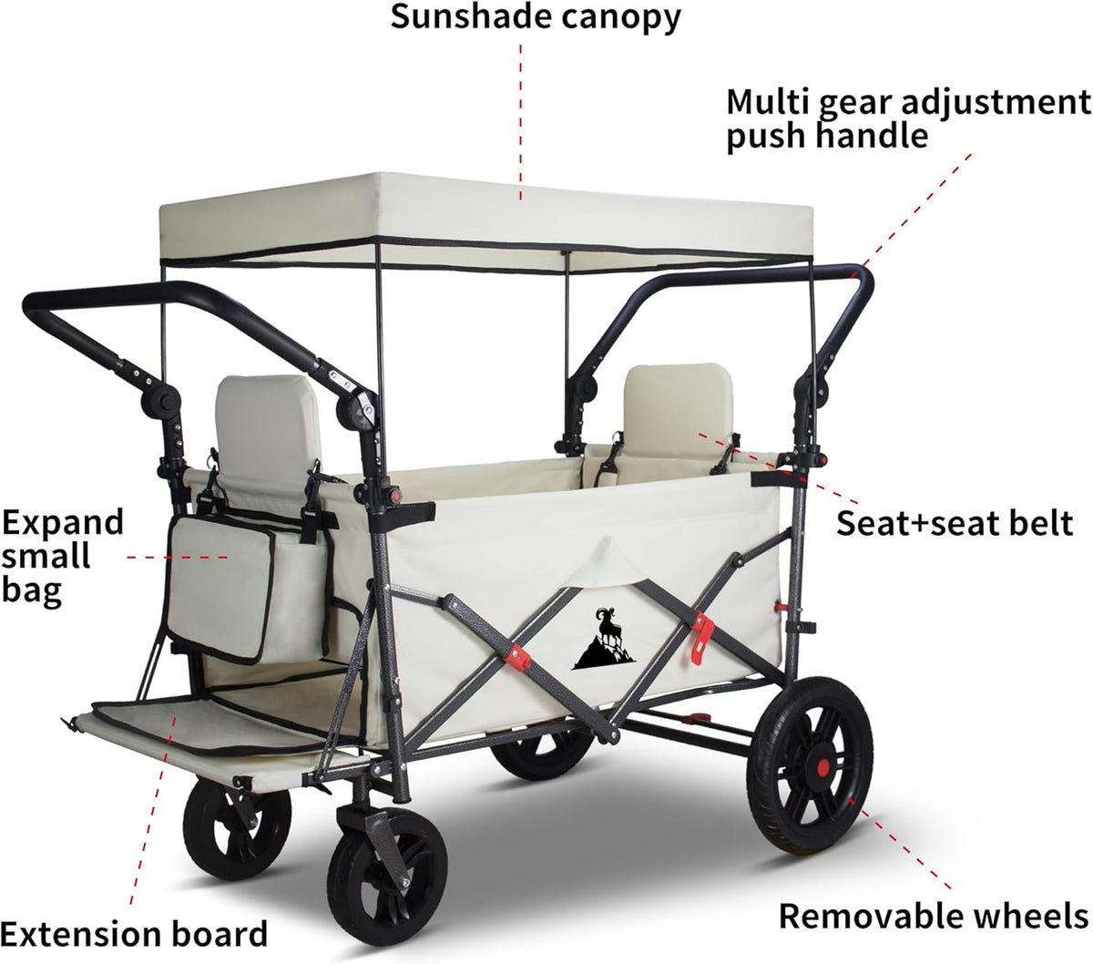 Foldable Wagon with Canopy - Collapsible Utility Cart with 2 Seats & Belts, Adjustable Handle