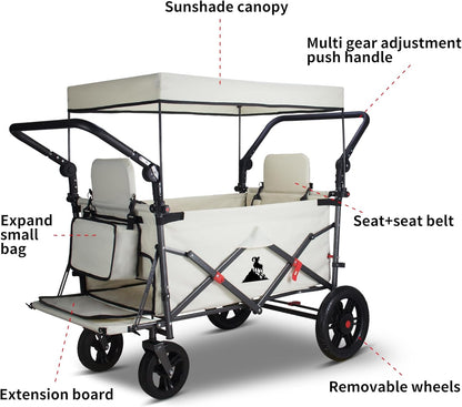 Foldable Wagon with Canopy - Collapsible Utility Cart with 2 Seats & Belts, Adjustable Handle