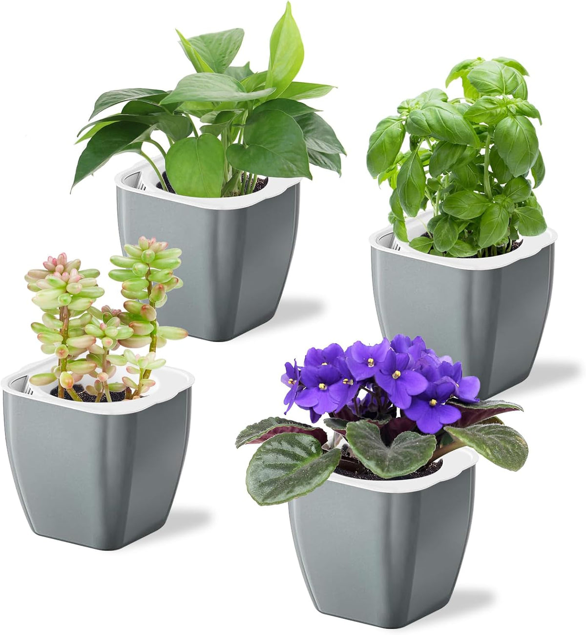 4 Pack Self Watering Pots 4-inch Decorative Flower Planters for Indoor Plants Modern Square