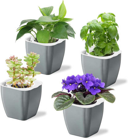 4 Pack Self Watering Pots 4-inch Decorative Flower Planters for Indoor Plants Modern Square