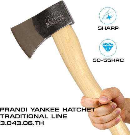 Prandi Axes Yankee C45 Forged Carbon Steel Hatchet - Hickory Handle with Leather String - Ideal for