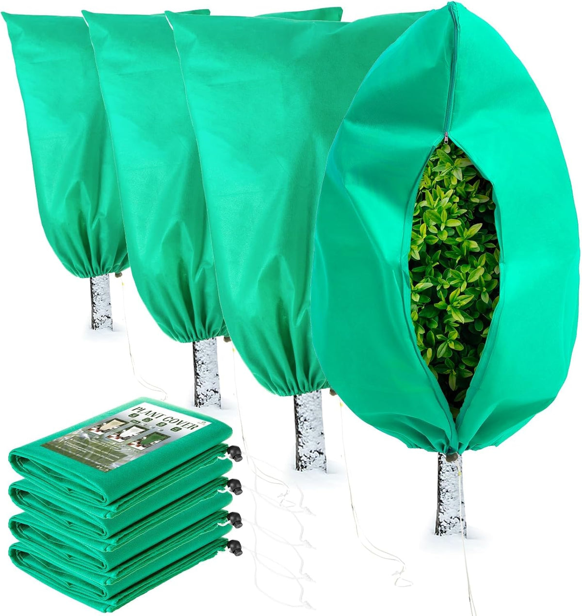 Homimp Plant Covers Freeze Protection, 4 Pack Frost Covers with Zipper Drawstring (23.6" x 31.5")