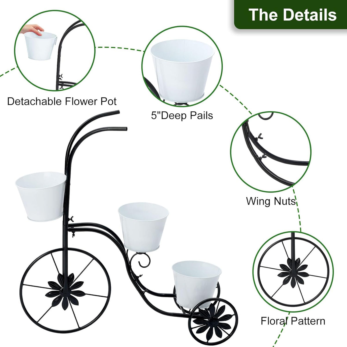 BAYN Bicycle Planter Stand, Metal Flower Pot Cart Holder Tricycle Planter with 3 Plant Bucket